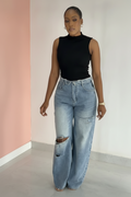 Mid-rise folded waist jeans