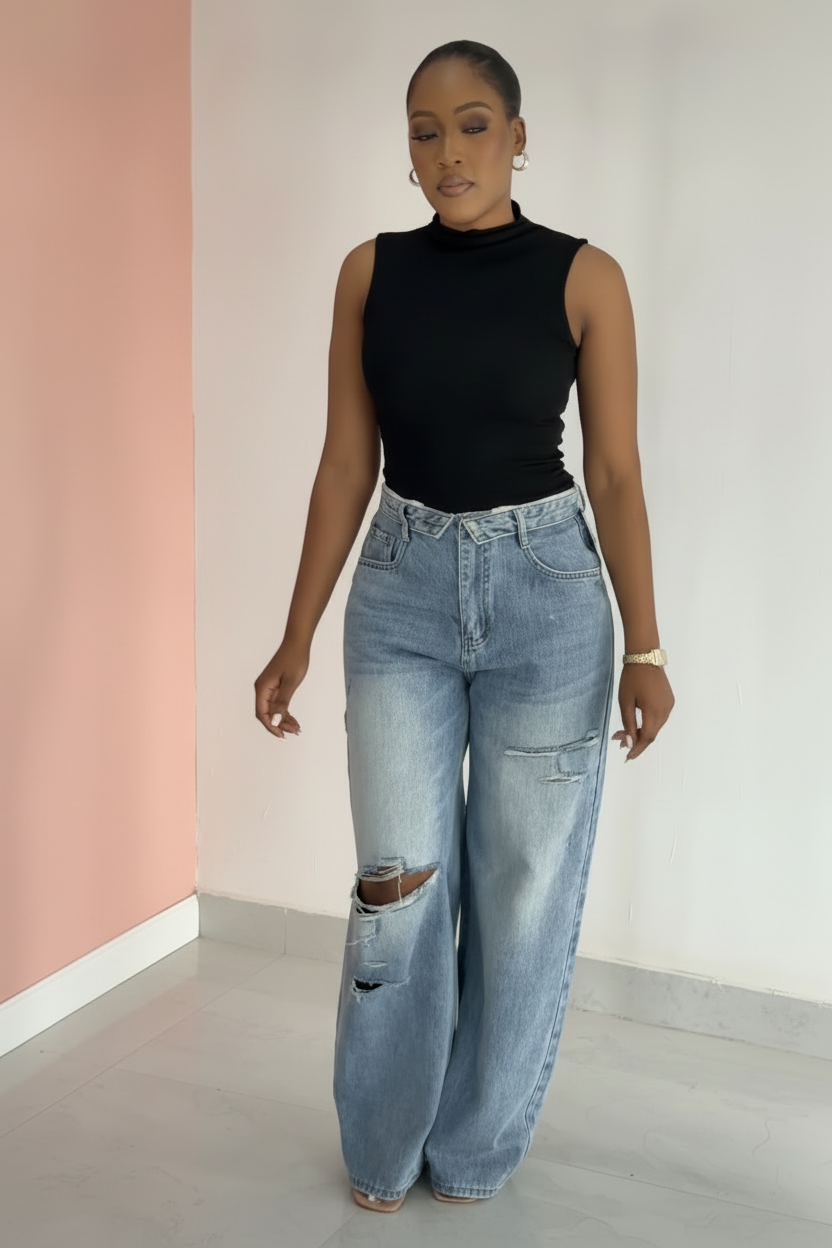Mid-rise folded waist jeans