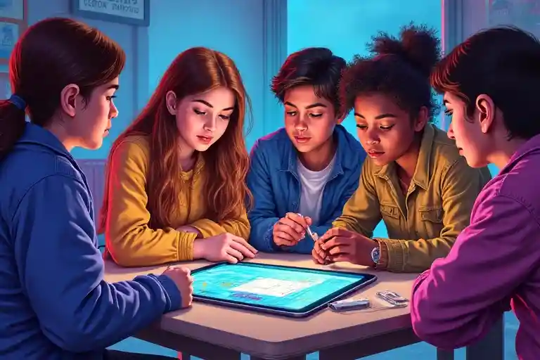 "Colorful hand-painted artwork of diverse American teens discussing if Crypto Earn Is Worth It, viewing crypto charts."