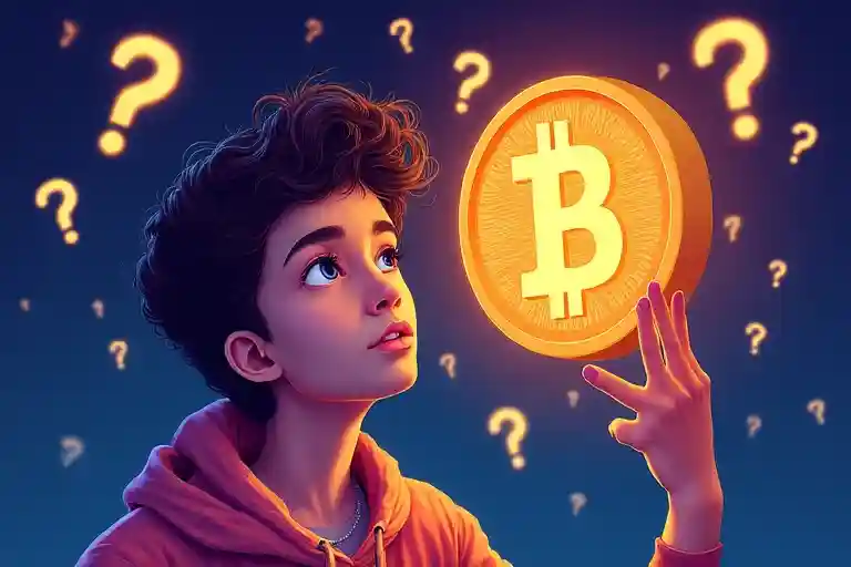 "Hand-painted illustration of a teen pondering if Crypto Earn Is Worth It with a glowing Bitcoin and question marks."